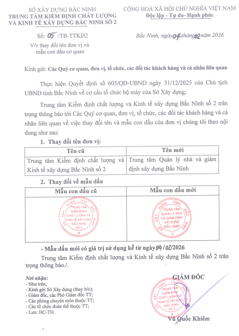 THÔNG BÁO VỀ VIỆC THAY ĐỔI TÊN VÀ MẪU DẤU CỦA CƠ QUAN